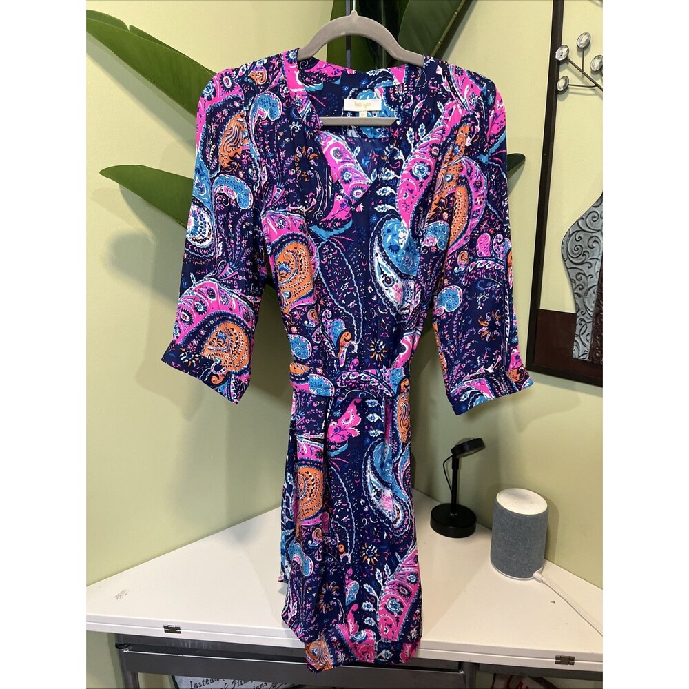 Britt Ryan 100% Silk Paisley Belted Shift Dress 3/4 Sleeve Size XS